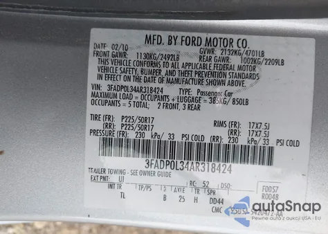 2010 Ford Fusion Hybrid from USA, damaged, VIN 3FADP0L34AR318424